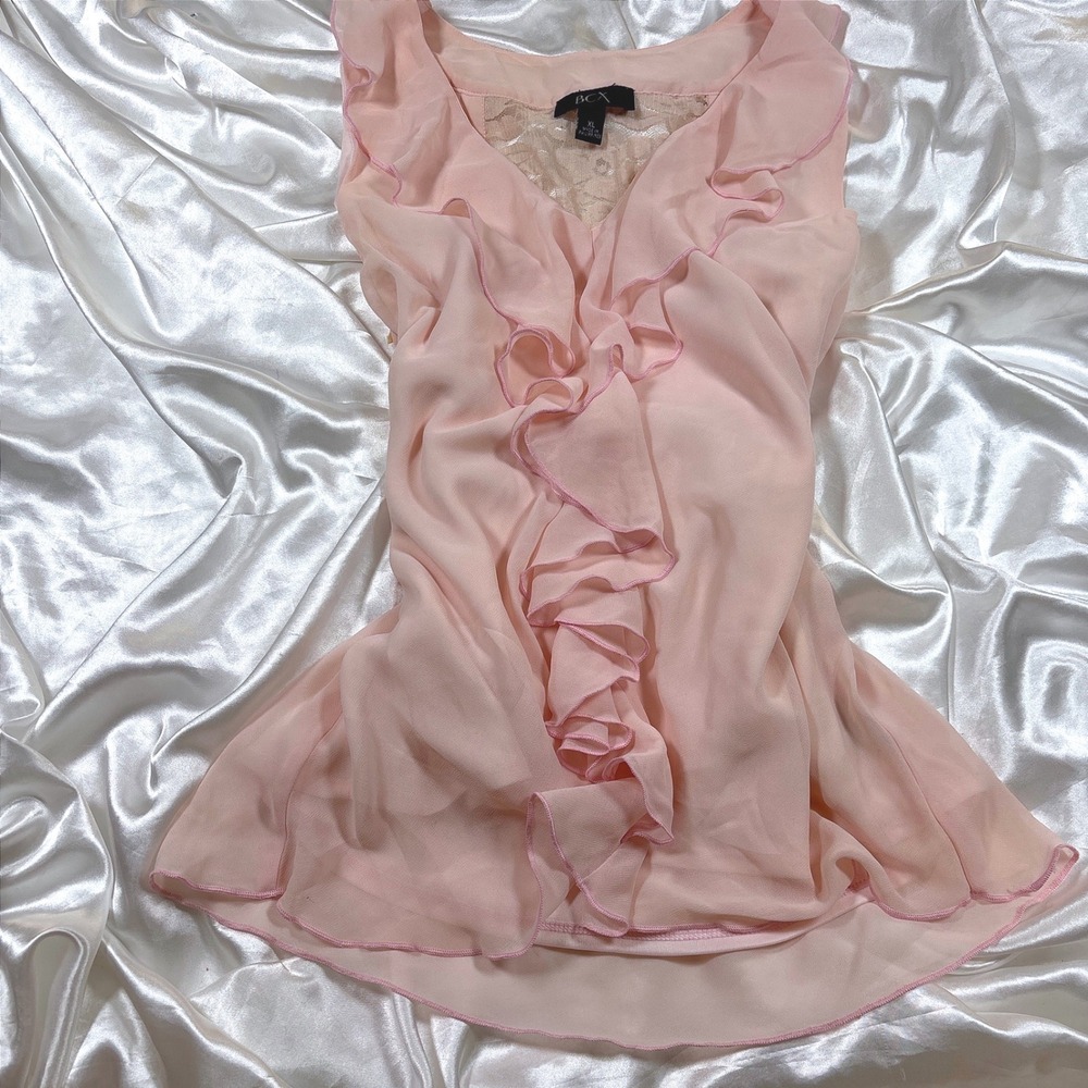 y2k BCX Ruffle Front Lace Back Blouse Pink Excellent Sleeveless V-Neck Top XL